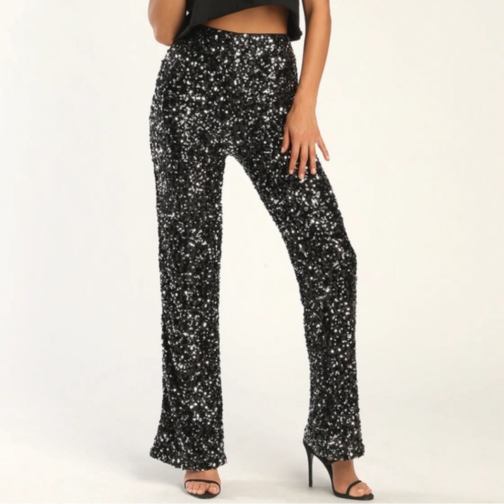 Glamorous Allure Black and Silver Sequin Flare Pants. Size XS
